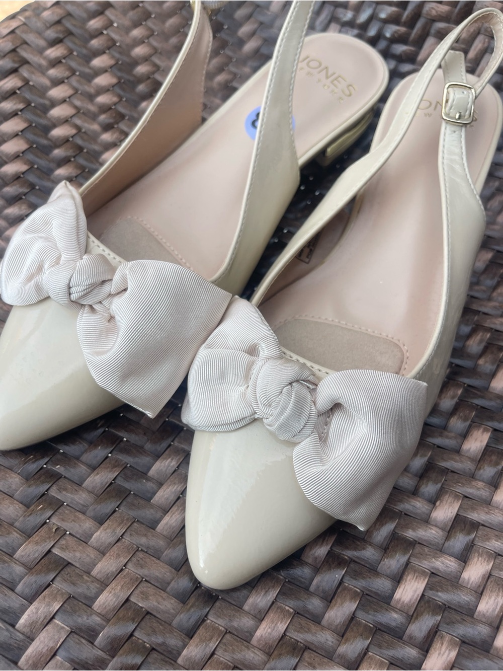 Jones New York Cream Patent Pointed-Toe Slingback Flats with Bow